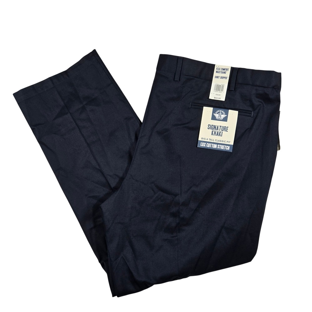 Dockers Signature Khaki Mens 52x34 Big & Tall Classic Fit Navy Pants Stretch